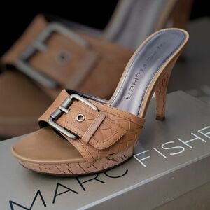 Marc Fisher | Leather Tan High Heel Cork Shoes W/ Buckle Macys